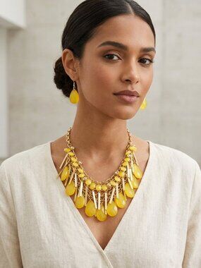 Bijou Yellow statement necklace with fish hook earrings